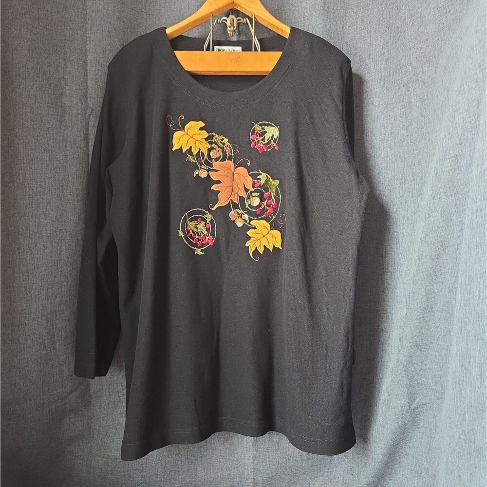 Vintage Kavio Designs Fall Embroidery Black Long Sleeve Shirt Size XXL Or XXXL